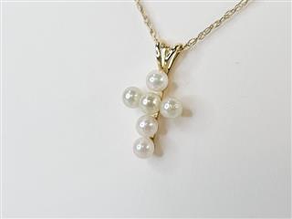 14K Yellow Gold 3mm White Pearl Cross Pendant